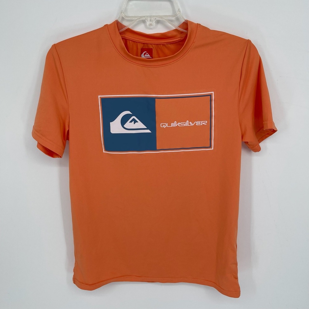 Quiksilver Boy's Orange Graphic Short Sleeve Rash Guard‎ Swim Shirt Size M 10-12
